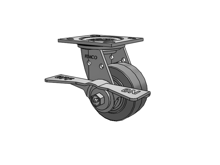 E-line Stainless Steel Sealed Swivel Caster with 4 x 2 Thermo-Rubber (Flat) Wheel and 7 in Cam Brake